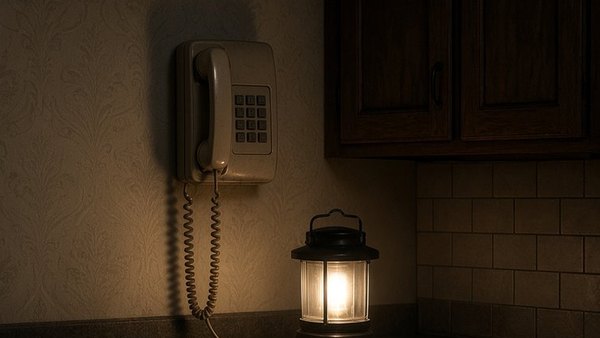 An old wall-mounted corded telephone in a dark kitchen lit by a battery lantern