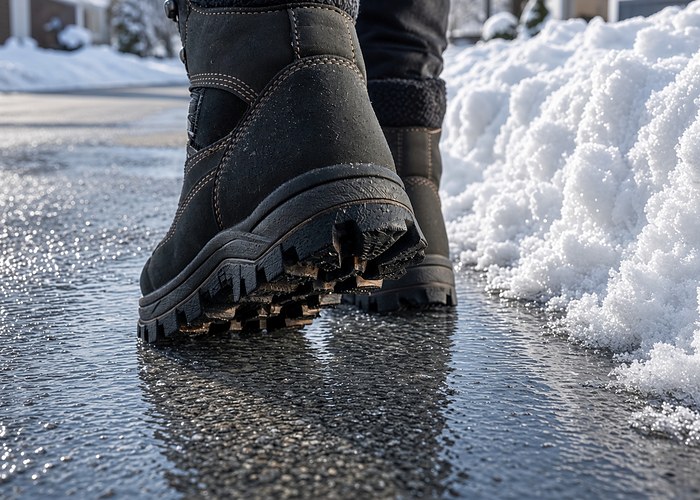 Winter boots standing on wet refrozen pavement beside a bank of ploughed snow in bright winter sun