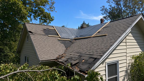 A tarp battened over a storm-damaged roof
